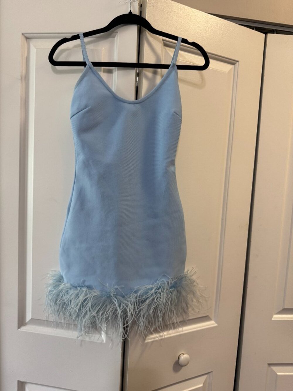 Baby Blue Bodycon Dress with Feathers